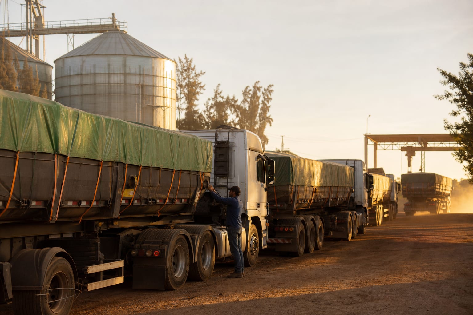 Fila de carretas graneleiras em estrada de terra ao lado de um armazém com silos metálicos, no amanhecer.