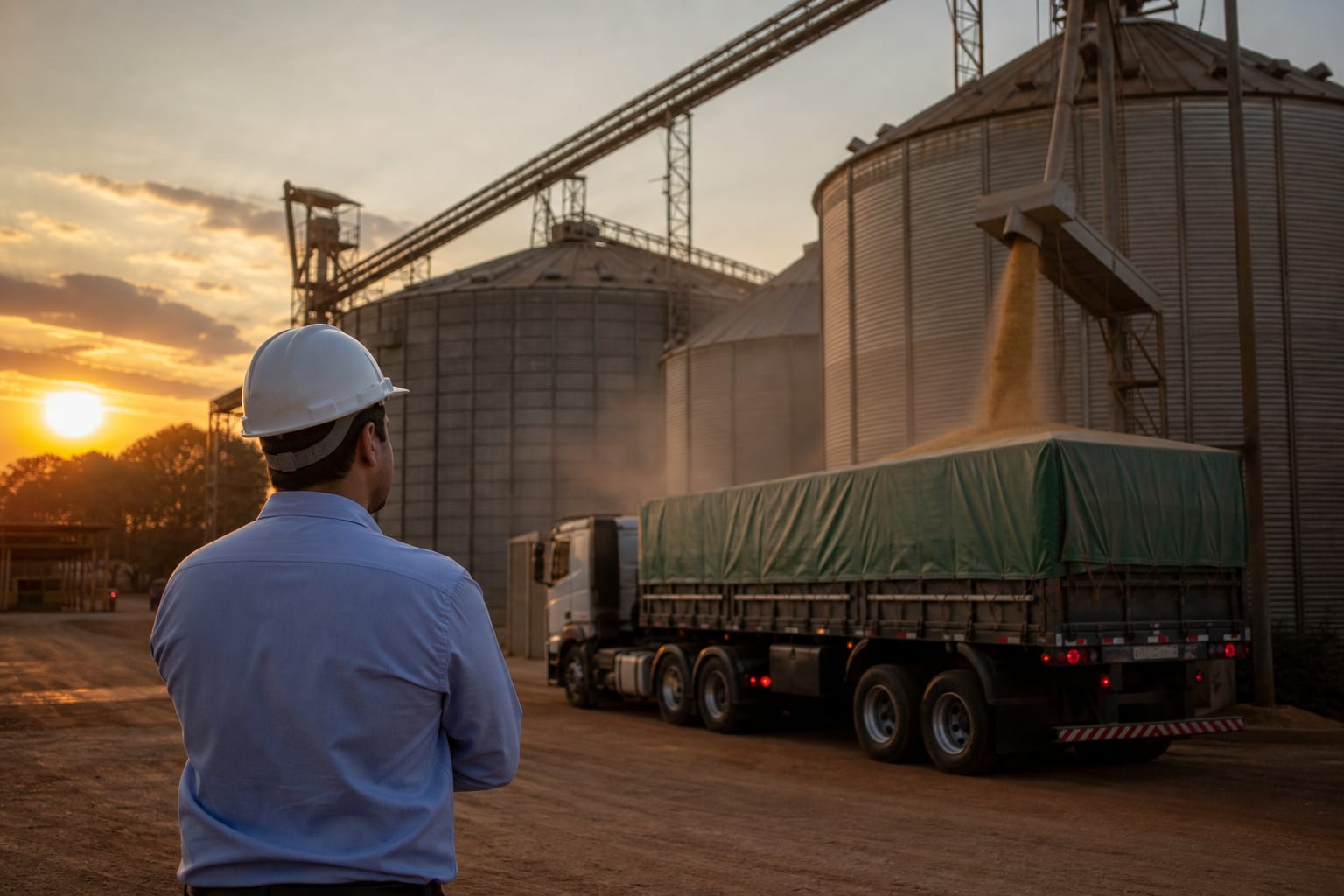 Gerente de capacete observa silos metálicos e correia transportadora em pátio de armazenagem no fim da tarde.